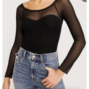 Abercrombie & Fitch Black Mesh Bodysuit Sheer Polka Dot Boatneck Size Large